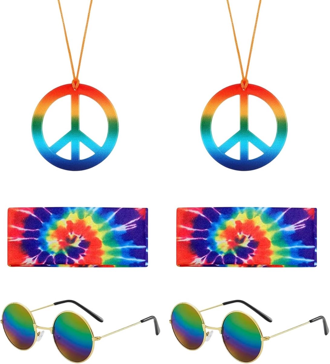 6-delige Hippie Kostuumset met Zonnebloem Hoofdband, Vredesteken Ketting en Ronde Zonnebril voor Feestjes en Thema-avonden