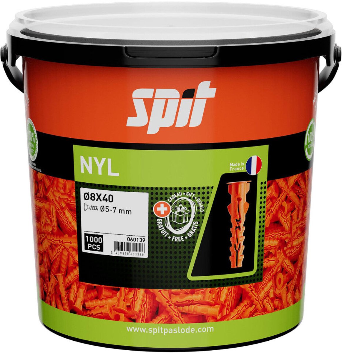 SPIT NYL PLUG D.8X40 - 1.000 STUKS IN ECO EMMER - MET KRAAG