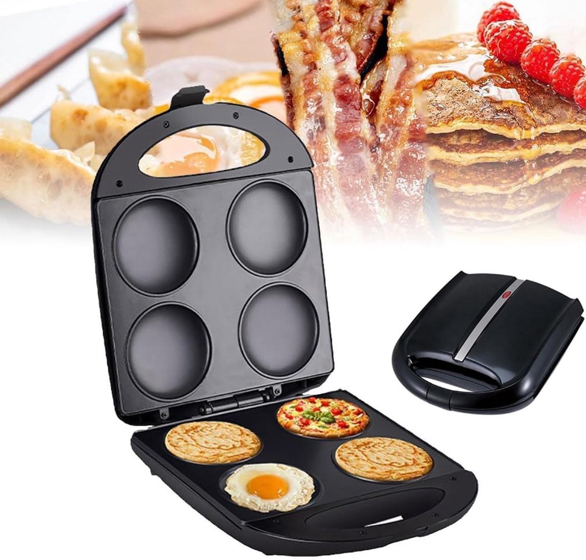 Mini Grillplaat - Pannenkoekenpan Apparaat - Snelle Ontbijtjes Maken - Gelijke Warmteverdeling - 4 Mini Porties - Zwart