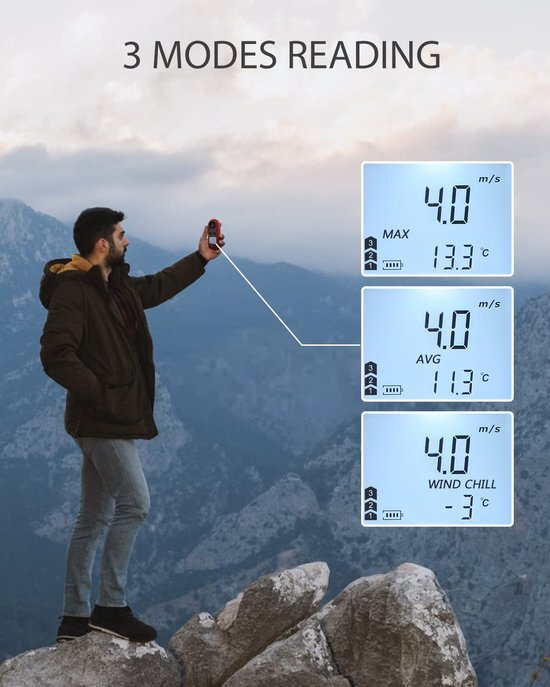 Digitale Windmeter - Lucht Snelheidmeter - Buiten Meten - Temperatuur Weergave - 0.3-30m/s - Zwart — afbeelding 4