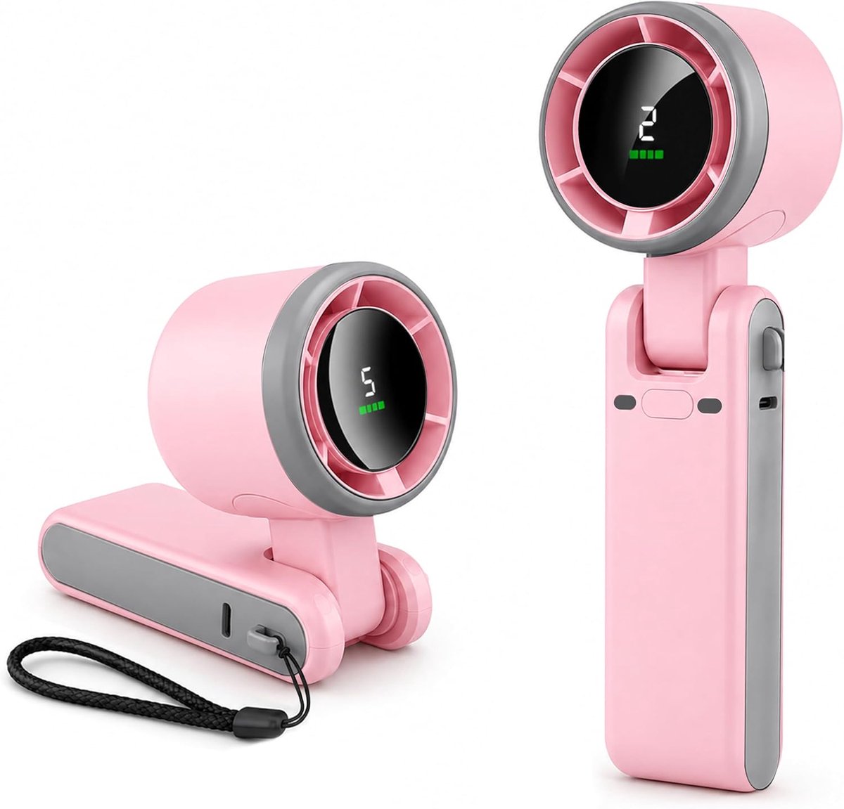 Draagbare mini-turboventilator met led-display, 180° inklapbare 3-in-1 persoonlijke ventilator met 5 snelheden voor op reis, buiten en thuis (roze)