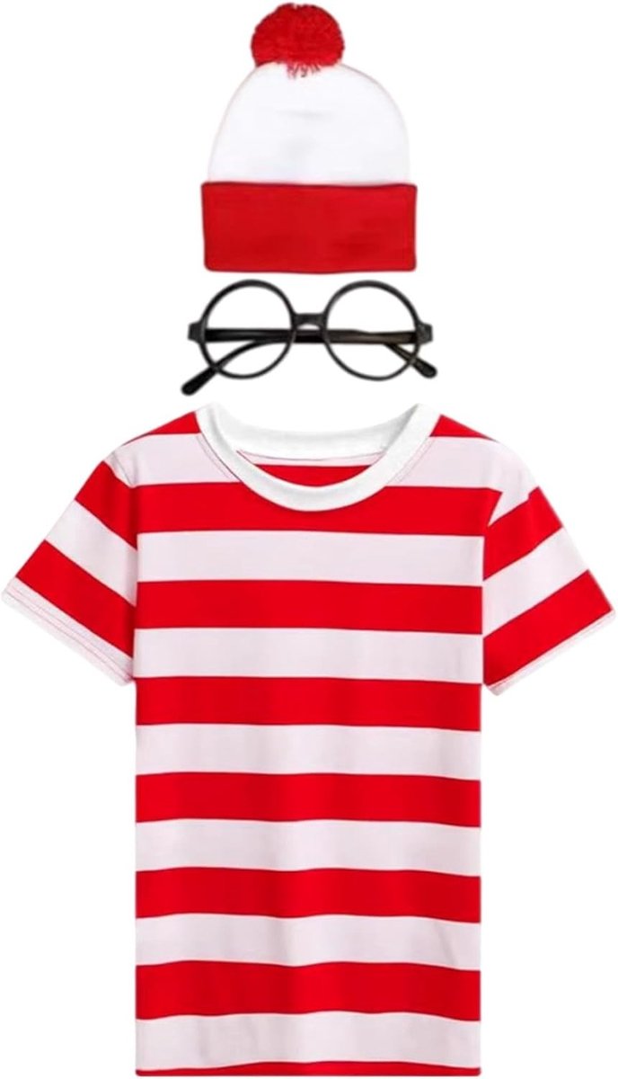 Unisex kostuum voor kinderen met gestreept T-shirt, hoed en bril - Perfect voor Wereld Boeken Dag (maat 120/130/140cm)