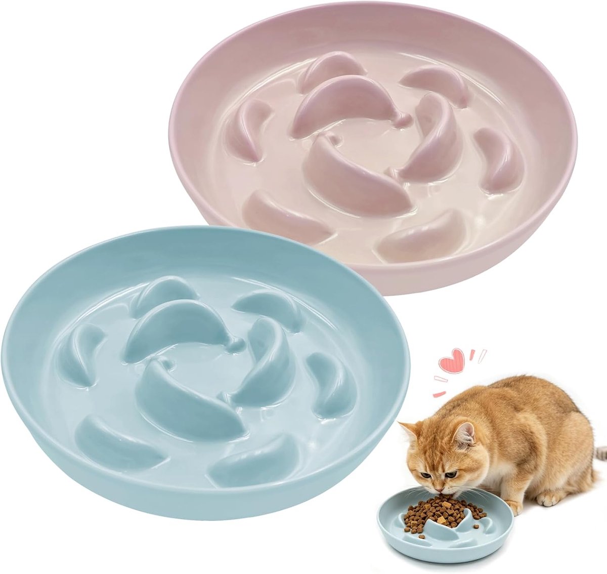 Thijox - 2 Stuks Anti-Schrok Voerbak voor Katten en Kleine Honden - 16 cm Melamine Slow Feeder met Antislip - Lichtblauw + Roze, Geschikt voor Natvoer