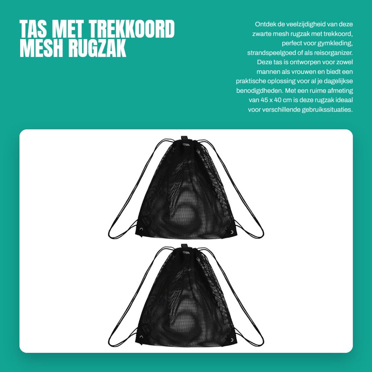Dailygoods- Rugzak Mesh Design - 2 Stuks - Trekkoord - Zwart - Nylon - 45x40 cm - Duurzaam en Ademend - Sporttas