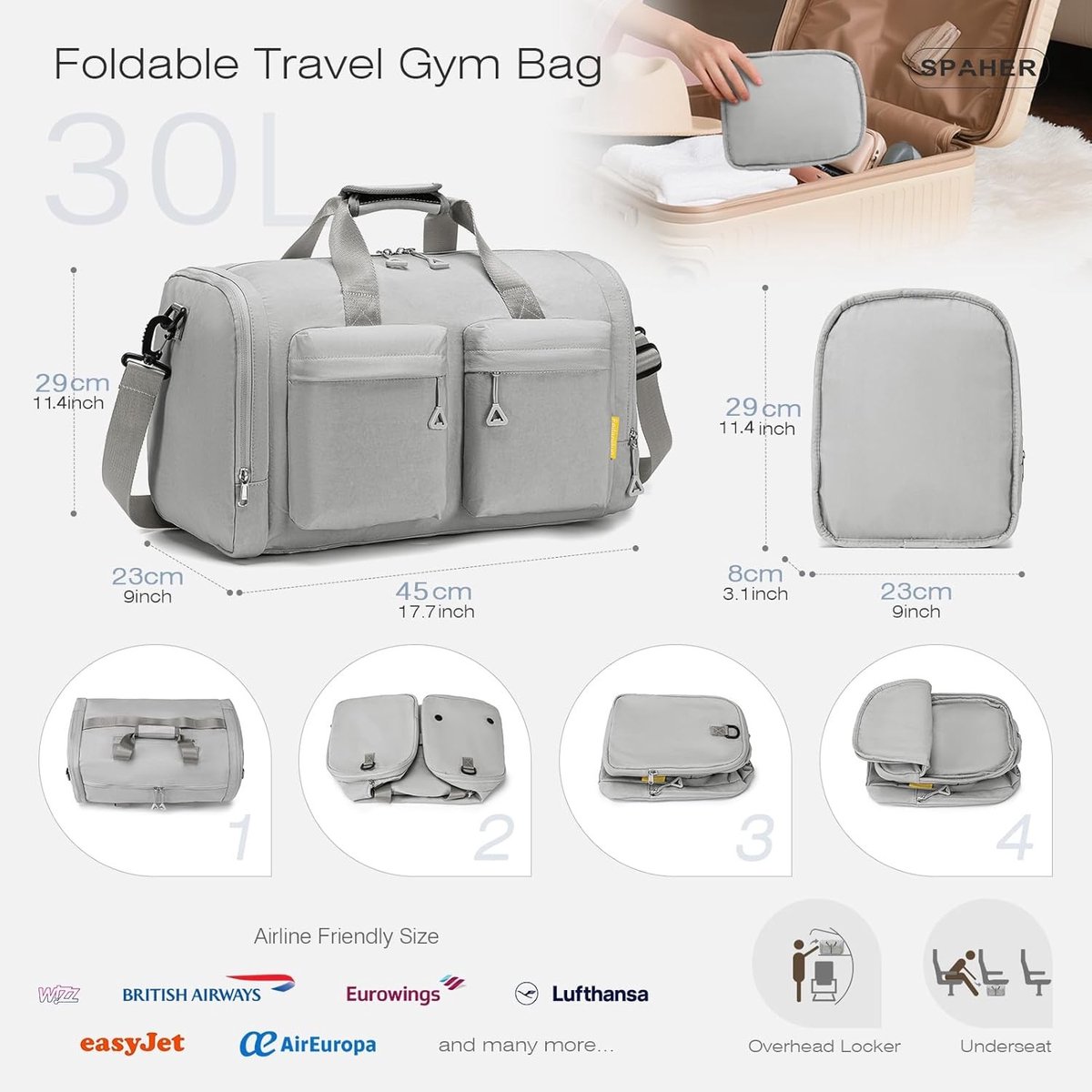 Vouwbare Reistas met Schoencompartiment voor Sport en Weekenduitjes - Lichtgewicht 30L Handbagage voor Mannen en Vrouwen, Ideaal voor Fitness en Reizen