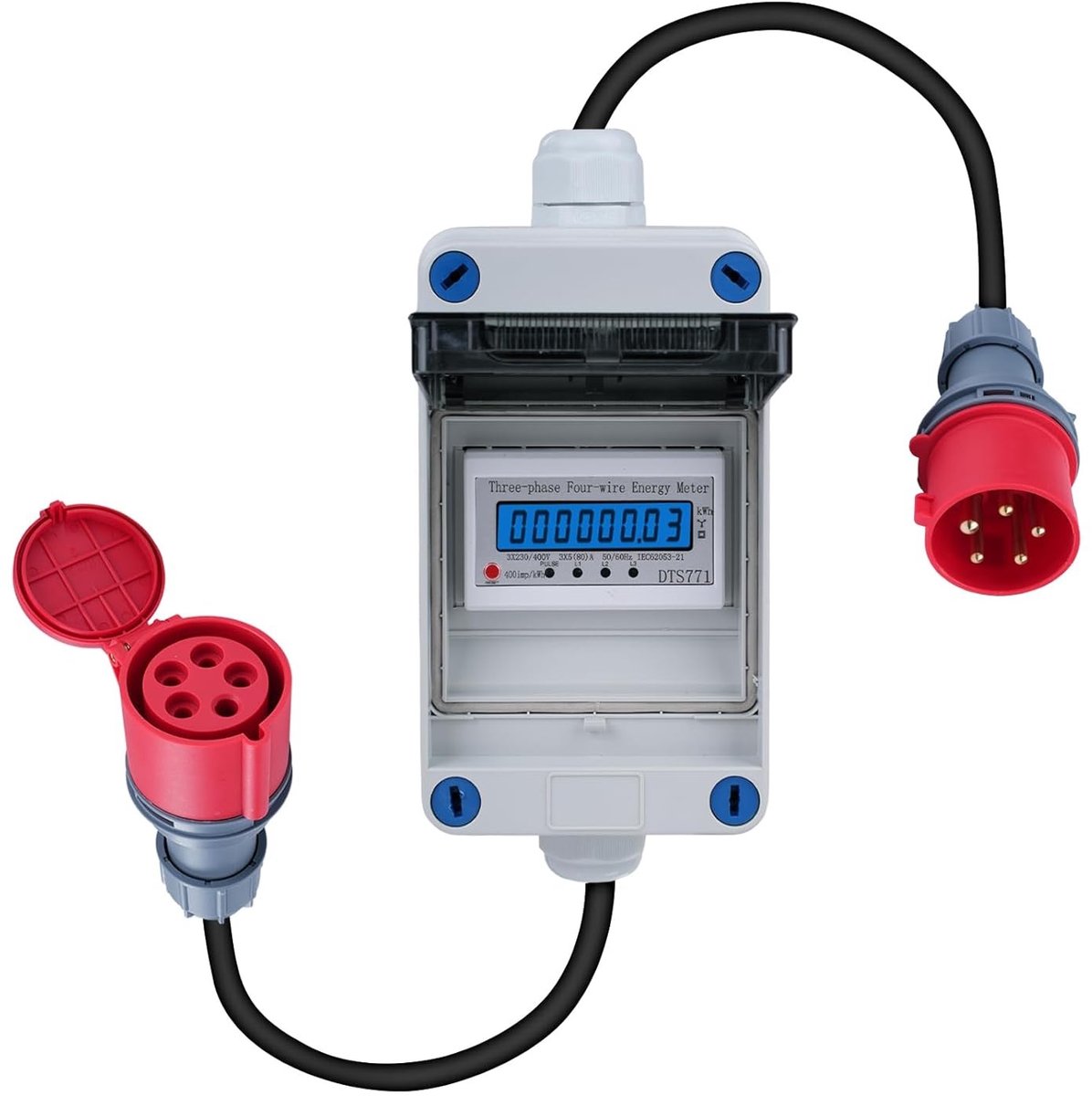 Mobiele Digitale Flowmeter voor 3-fase Systemen met 32A 400V CEE Plug en 2m Kabel IP44, Resetfunctie en 5 x 2.5 mm² Draad