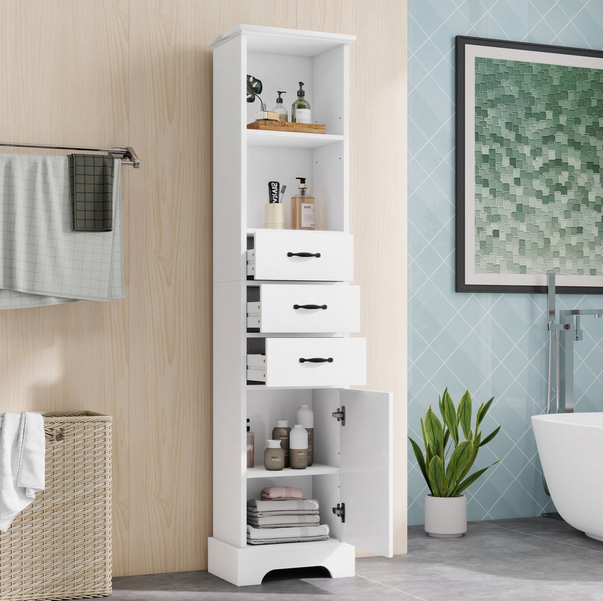 FloraGrace Badkamerkast - Smalle Opbergkast Met 3 Lades En Verstelbare Planken - Voor Badkamer En Woonruimte - MDF - 38x26x172,5 Cm - Wit
