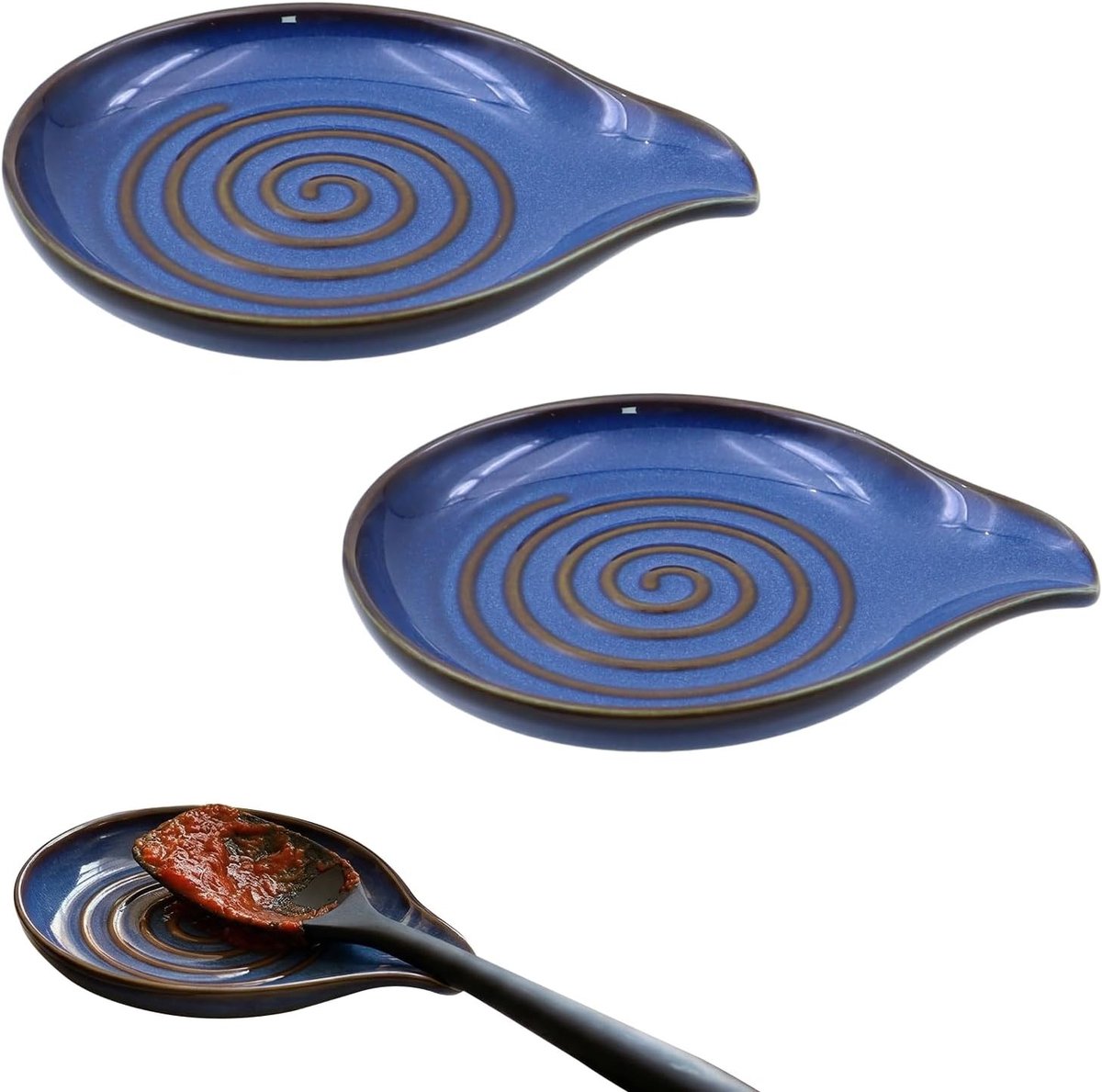 Set van 2 keramische lepelhouders met spiraalpatroon voor moderne keukens, ideaal voor kooklepels en spatels, blauwe kleur