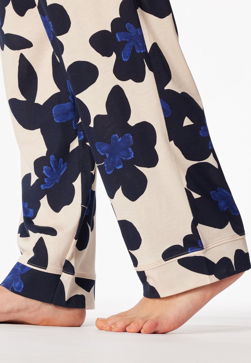 Schiesser dames Comfort Nightwear lange pyjama met bloemenmotief - deep sea blue - navy dessin Blauw