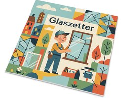 Tegeltje Glaszetter met kleurrijke retro illustratie van raam, glasplaat, gereedschap, huizen, bomen en vakman mat 15x15 cadeau voor glaszetter, klusser, bouwvakker of montage collega