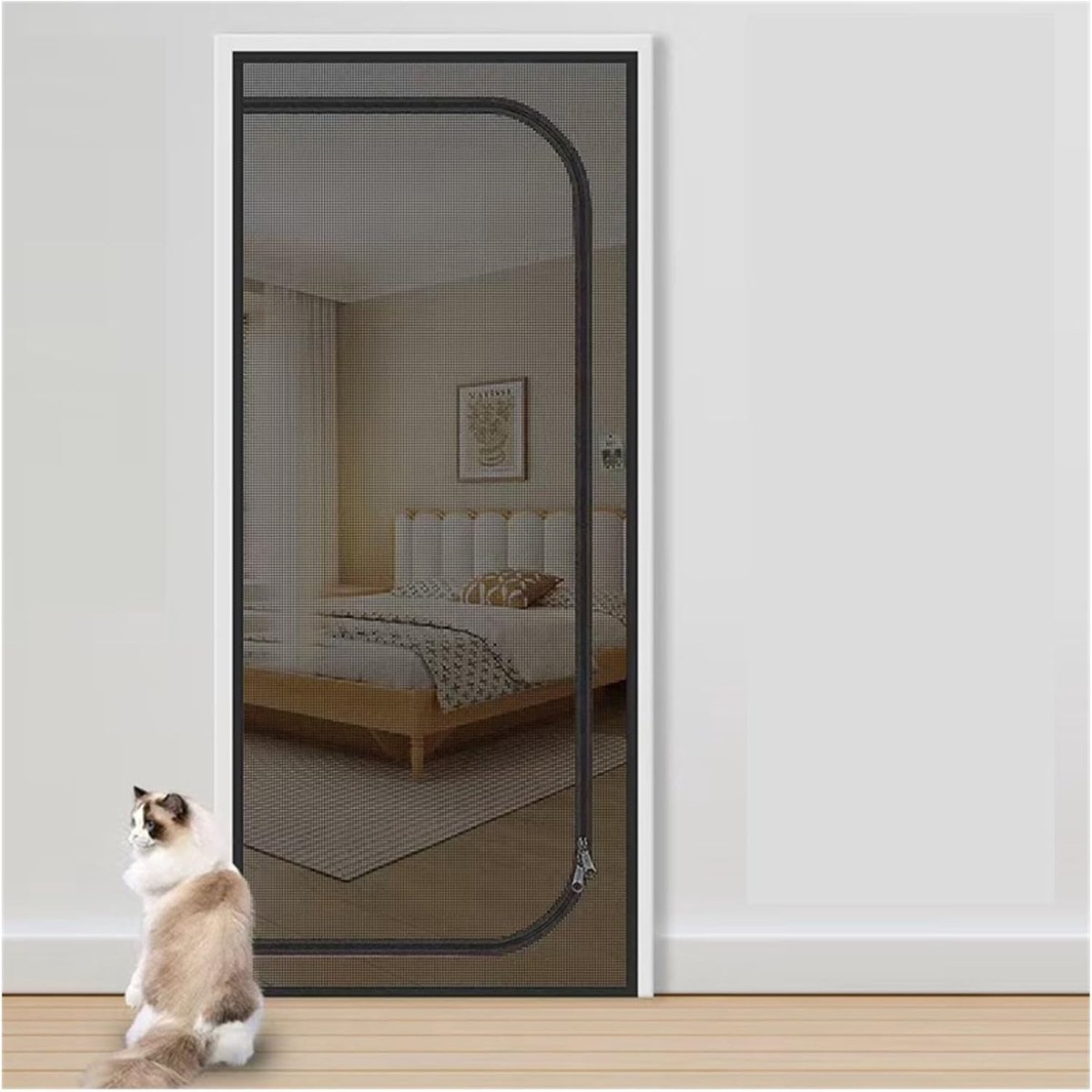Magnetische hordeur met U-vormige ritssluiting, wasbaar gaas, muggennet (groot U-vormig links - zwart, 90 cm breed x 200 cm hoog)