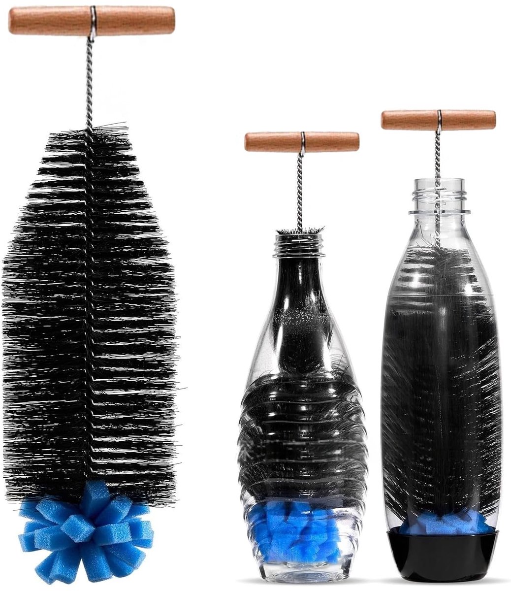 Flessenborstel met spons en borstelharen, 32 cm, BPA-vrij, flessenreiniger voor frisdrank, baby- en drinkflessen van glas/kunststof, zwart