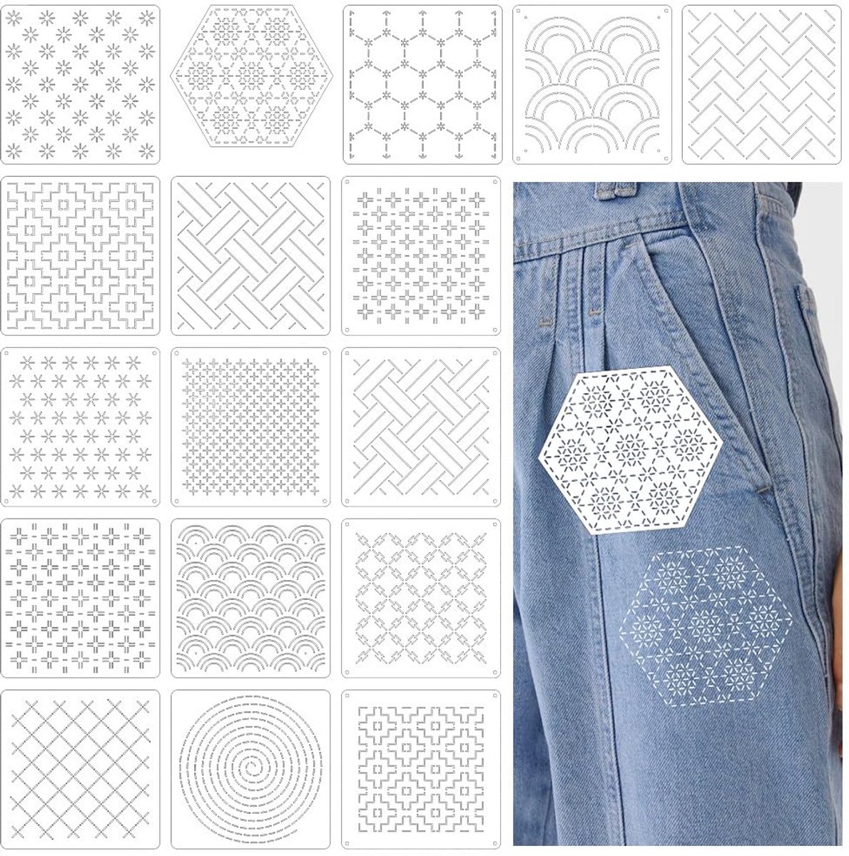 17 Stuks Sashiko Sashiko sjablonen, 13 x 13 cm Tekenlijn Borduurpatroon, Plastic Sashiko sjablonen, Geometrische borduurpatronen, voor Naaien Hand Quilten en Borduren