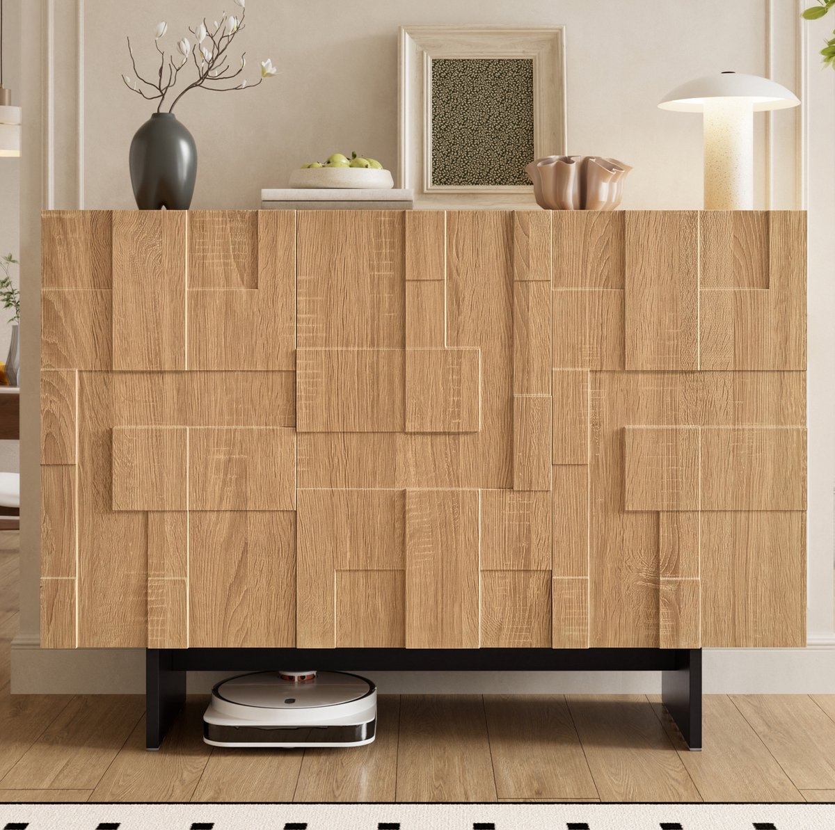 MIVRAY Dressoir - Geometrische 3D Front Met 3 Deuren - Verstelbare Planken Voor Woonkamer Of Hal - MDF En Bamboe - 105x33,5x76 Cm - Naturel Zwart