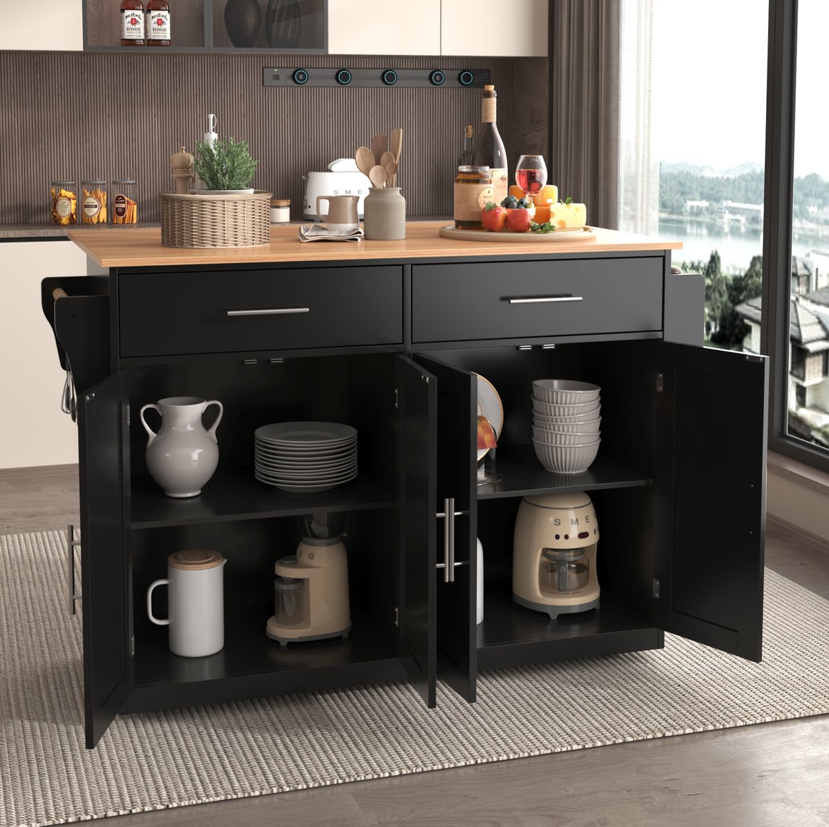 DESMIU Keukenkast - Keukenwagen Met Klapbaar Tafelblad En Wielen - Voor Keuken En Eetkamer - MDF In Zwart En Natuur - 120x46x91,5 Cm