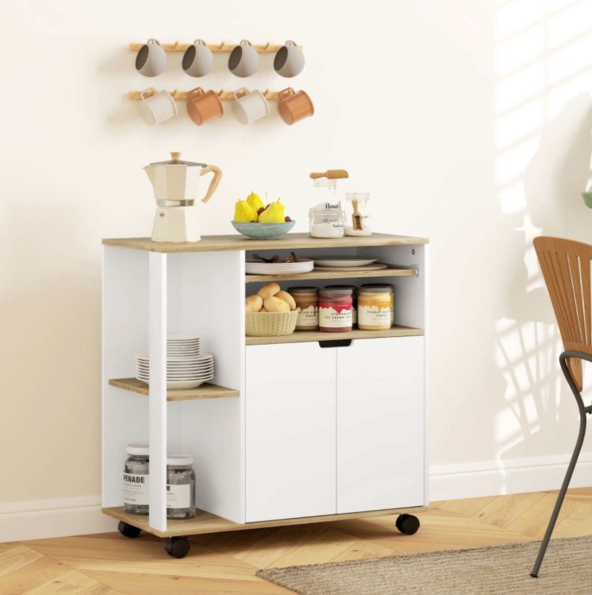 DESMIU Keukenkast Met Wielen - Werkblad En Verstelbare Binnenplank - Voor Keuken Woonkamer En Eetkamer - Hout En Wit - 80x40x82 Cm