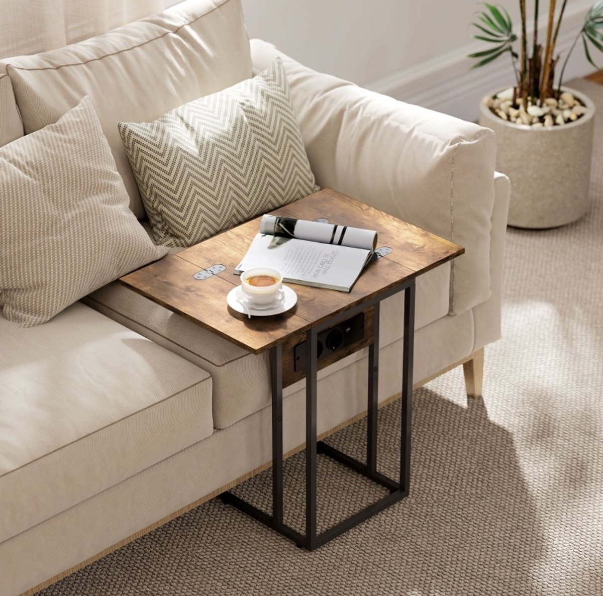 MIVRAY Bijzettafel - Opklapbaar Met Oplaadstation En Uitschuifbaar Blad - C Vorm Voor Bank En Bed - Hout En Metaal - 39x29x57 Cm - Bruin Zwart