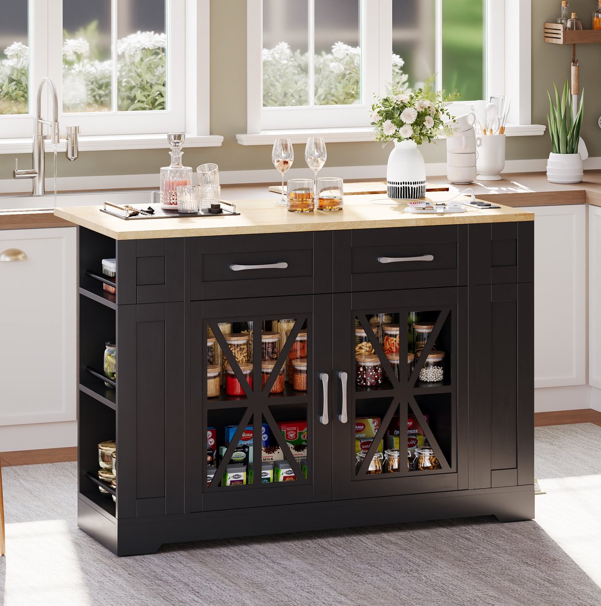 DESMIU Keukeneiland - Uitklapbaar Werkblad Met Stopcontacten En USB - Voor Keuken En Eethoek - MDF - 120x40x92 Cm - Zwart Naturel