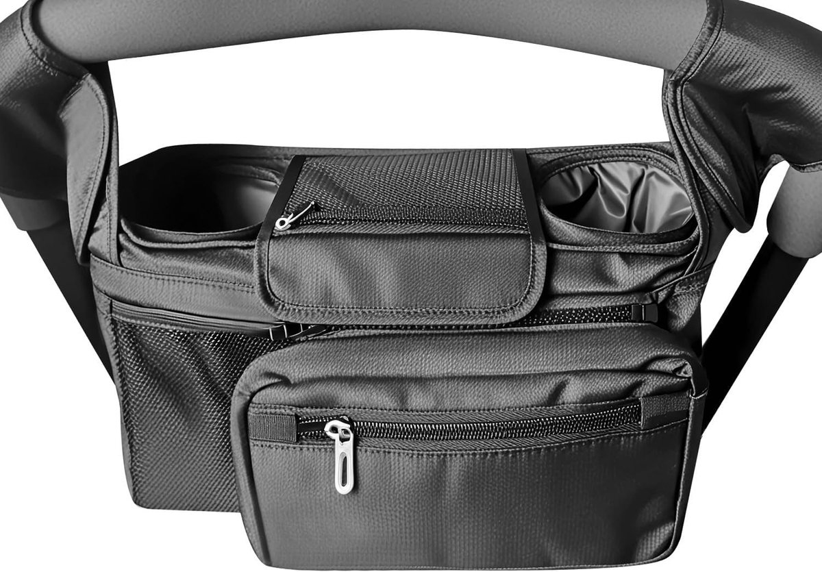 Universele Kinderwagen Organizer met 2 Isolerende Drinkhouders, Afneembare Tas en Verstelbare Schouderriem - Zwart, Perfect voor Ouders en Dagelijkse Gebruik
