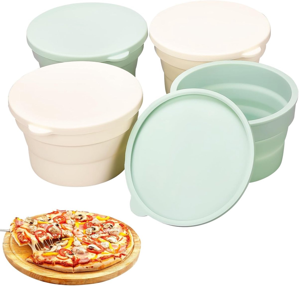 4-delige Silicone Pizza Trays Set, Vouwbare en Stapelbare Voedselcontainers met Deksel, Afwasmachinebestendig, 13×13×8cm, Ideaal voor Pizza Deeg en Bewaren