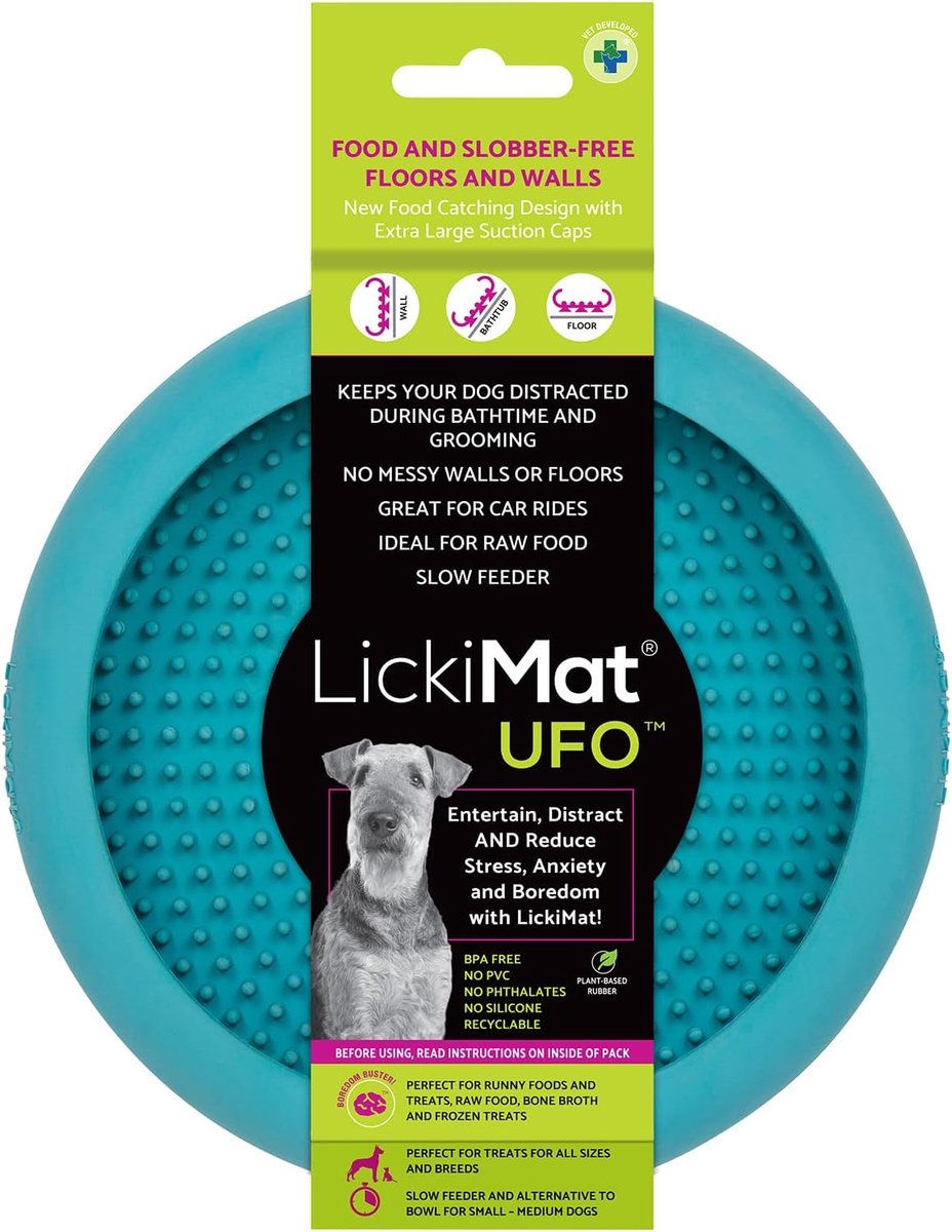 Thijox - Lickimat UFO Hond Turquoise 18x3cm - Afbuigapparaat voor Baden, Douchen en Verzorging - Natuurlijk Rubber - Slow Feeder Hond Bak voor Lekkern