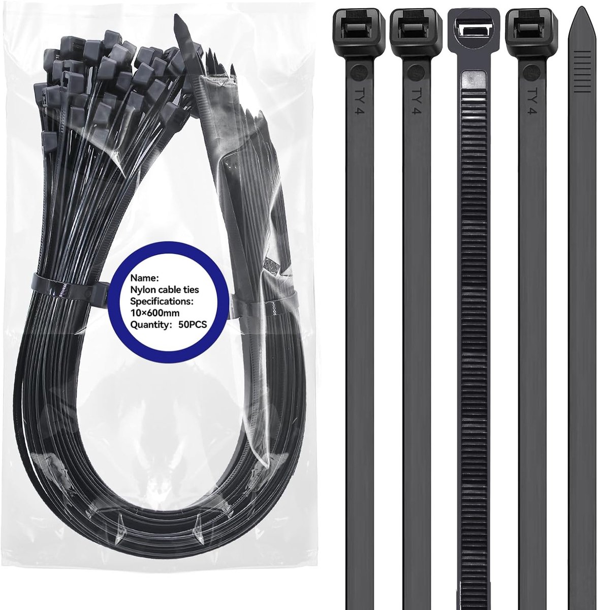 SnelShoppen - 50 stuks Kabelbinders Zwart 600mm x 8,8mm, UV-bestendig, Hersluitbare Nylon Tie-Wraps met 90kg Treksterkte voor Werkplaats en Elektrisch