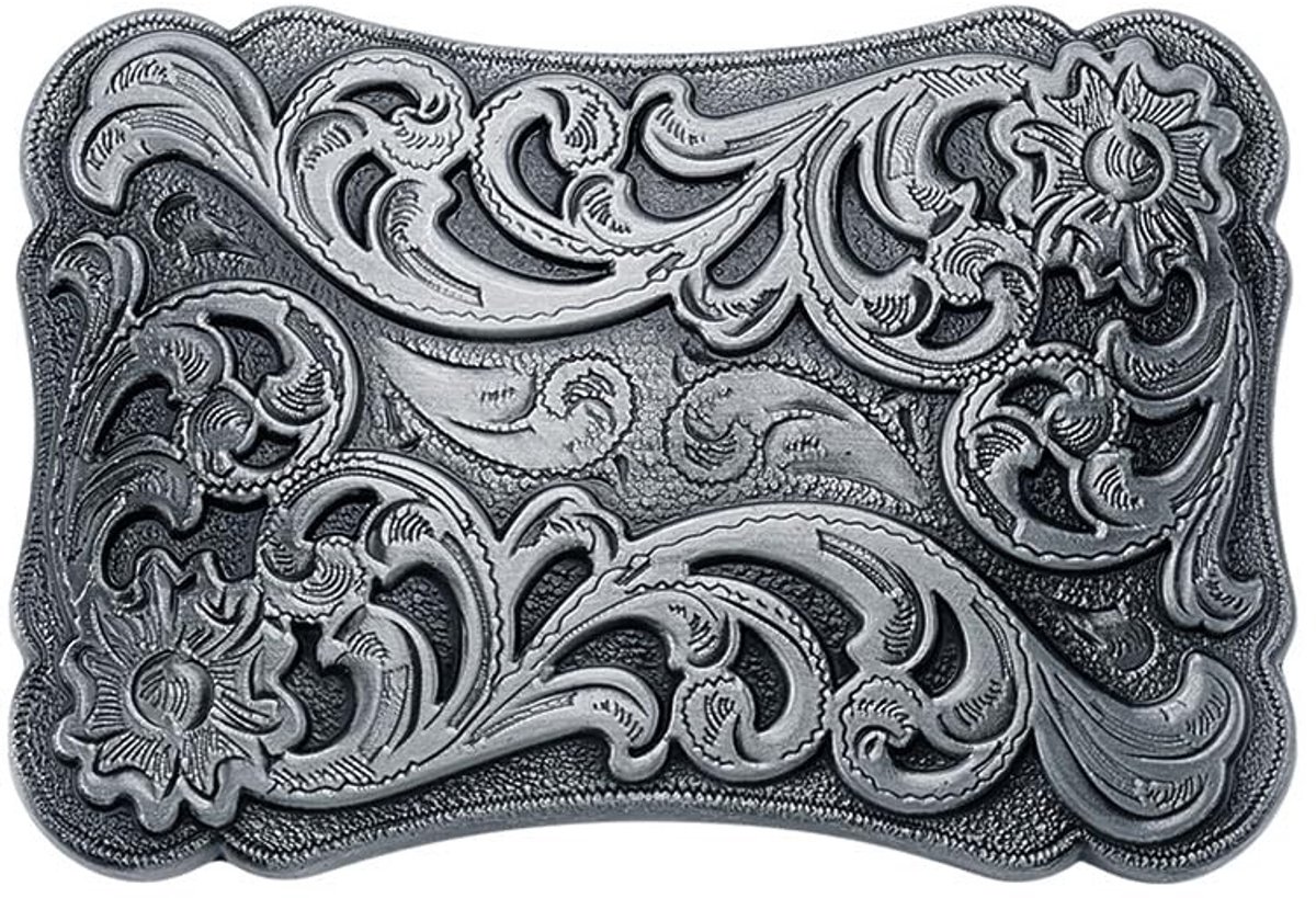 Dailygoods- Riemgesp Vierkant - Cowboy Riem - Riemsluiting - Gegraveerde Bloemengesp - Antieke Zilveren Gesp - Hoogwaardige Legering - Cowboyriem
