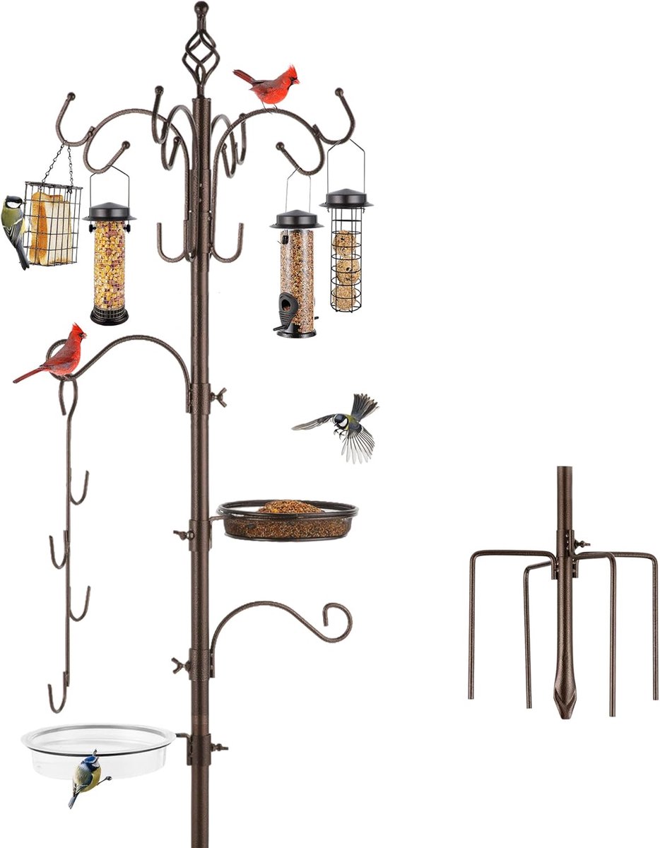 Thijox - Deluxe Vogelvoederstation Kit - Vogelvoederpaal met Meerdere Haken - Roestbestendig Metaal - Suet Voeder en Vogelbad - Perfect voor Tuin en T