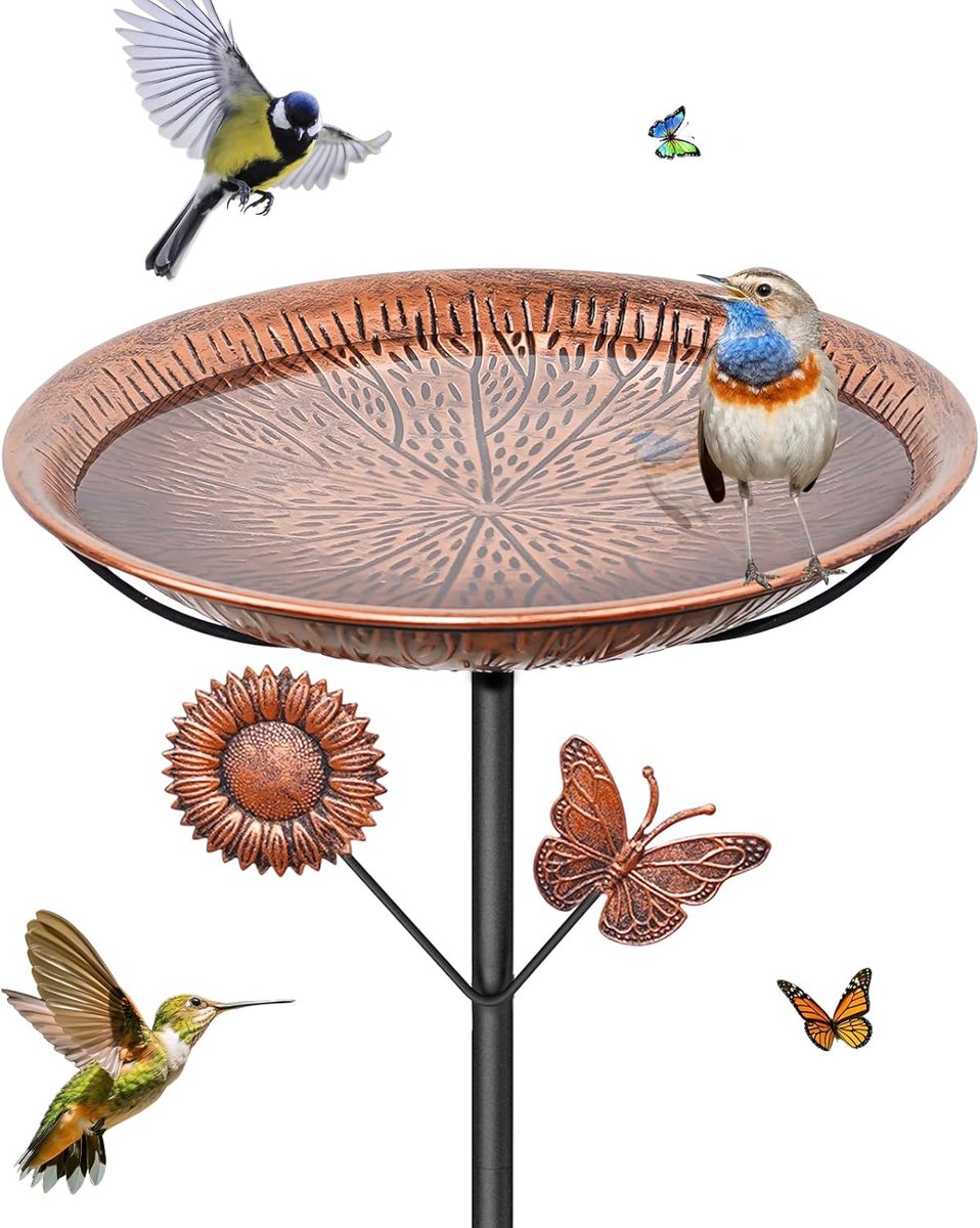 Thijox - Metalen Vogelbad voor Buiten, Vintage Vogeldrinkbak met Afneembare Voederbak en Vlinderbloem, 80 cm Hoog, Retro Bruin Tuin Decor voor Vogels