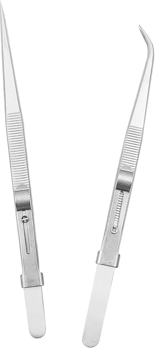 SnelShoppen - 2 Delige Precisie Pincet Set RVS met Sliding Lock, Fijne Puntige Tips, Rechte en Gebogen Pincet voor Juwelen en Kleine Objecten