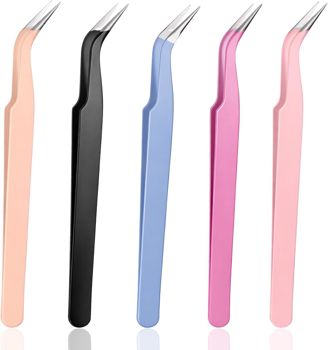 Thijox - 5 Stuks Pincetten Roestvrij Staal, Gebogen Punt-Pincet voor Wimpers, Handwerk, Precisiepincet in Zwart, Roze, Rozerood, Oranje, Blauw - Perfe