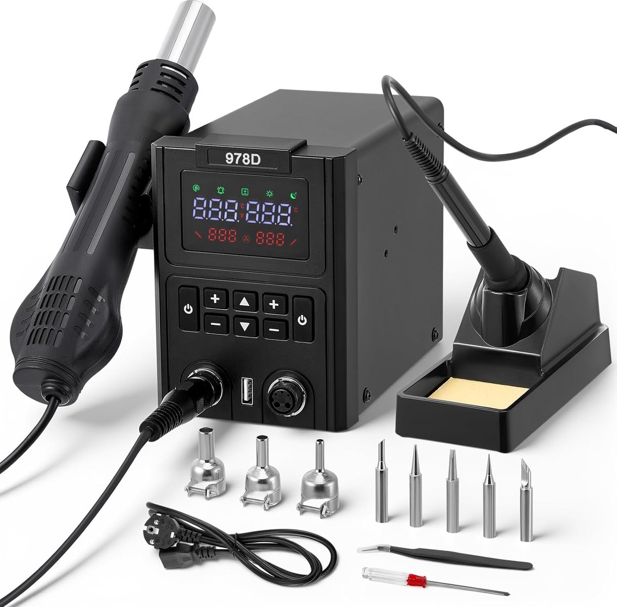 Thijox - Soldeerstation 600 W met 2 Schuddende Handen, LED-Display, Temperatuurstabilisatiefunctie, Soldeerset voor Elektronica, Doe-Het-Zelf, Inclusi