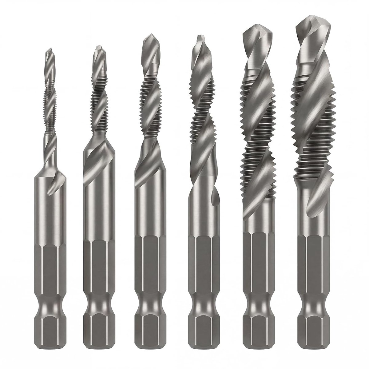 Thijox - 6-delige combi-boor- en draadsnijderset, schroefdraadboorset M3 M4 M5 M6 M8 M10, zeskantige schacht, geschikt voor metaal, kunststof en hout