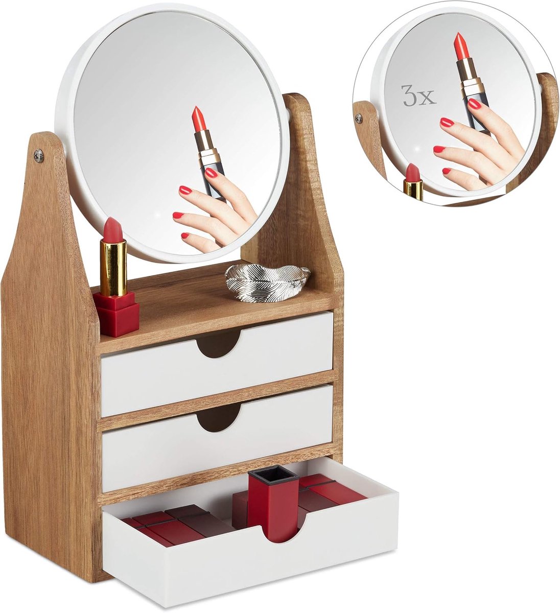 Thijox - Make-up Organizer met 3 Lades en Vergrotende Spiegel voor Kaptafel, Natuur/Wit, HBD 34 x 19 x 10.5 cm, Perfect voor Thuisgebruik en Feestjes
