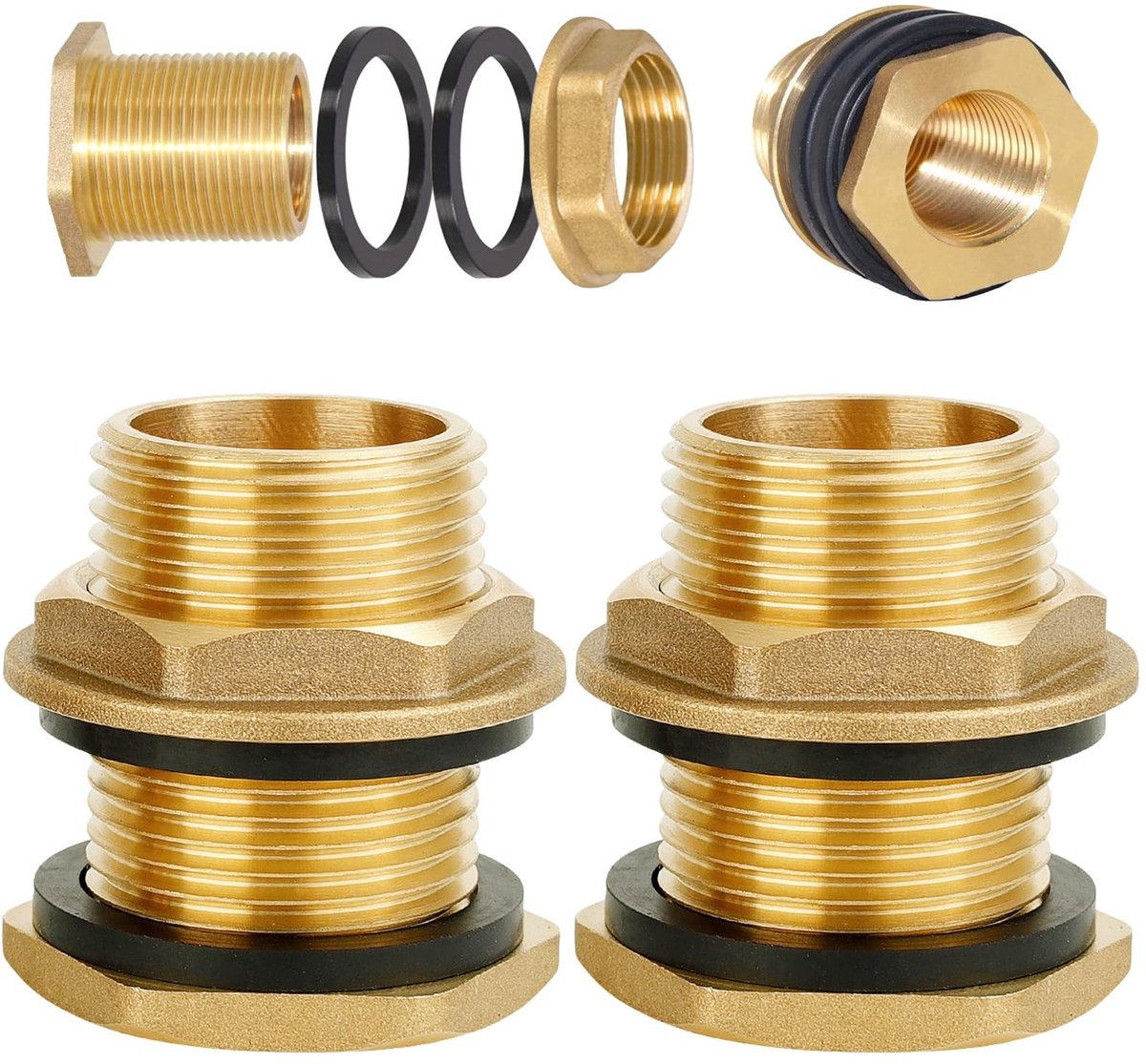 Dailygoods- Regenwater Tankaansluiting Messing - 2 x Aansluiting - Universele Doorgang - 1/2 inch Binnendraad - 3/4 inch Buitendraad - Voor Kraan/Watervaten - Regentonfitting