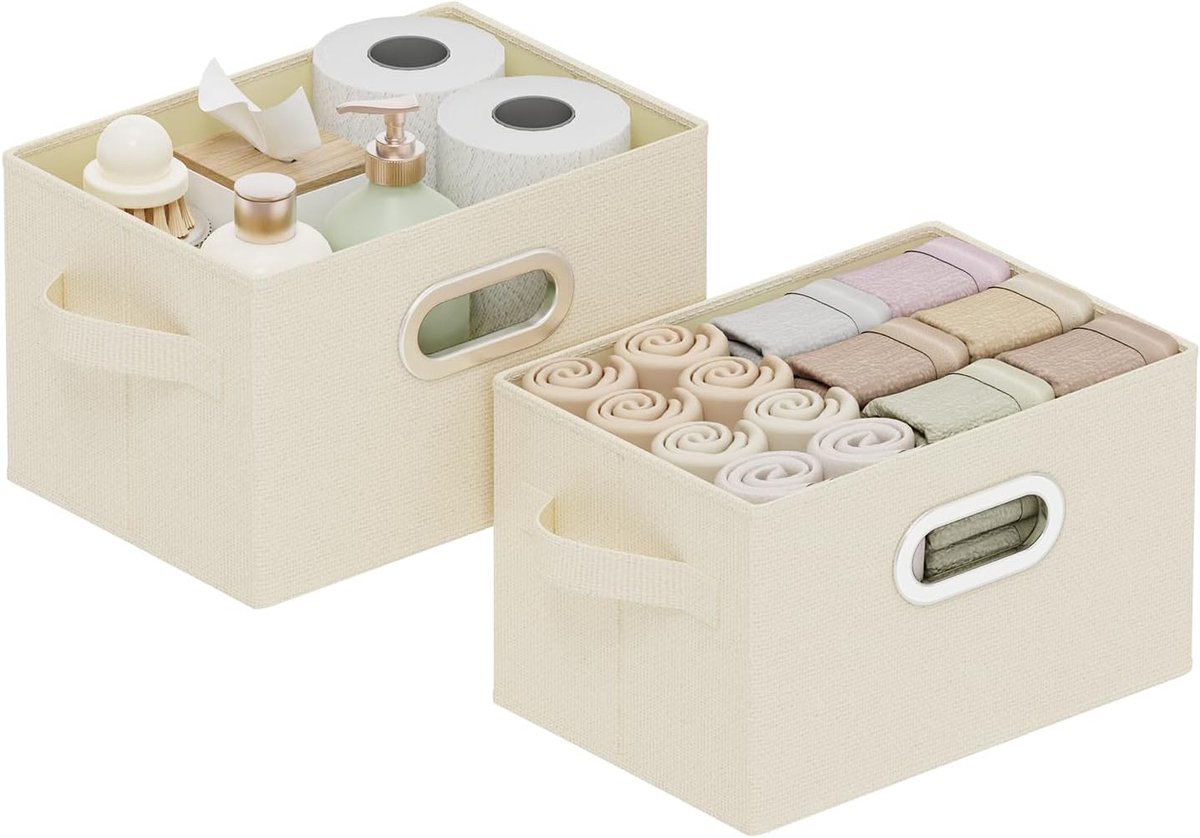 Thijox - Opbergdoos Stof Open Kubusrek Organizer met Handvat - Opvouwbare Kledingorganizer voor Sokken en Accessoires - 2 Stuks - Beige - 26 x 20 x 17