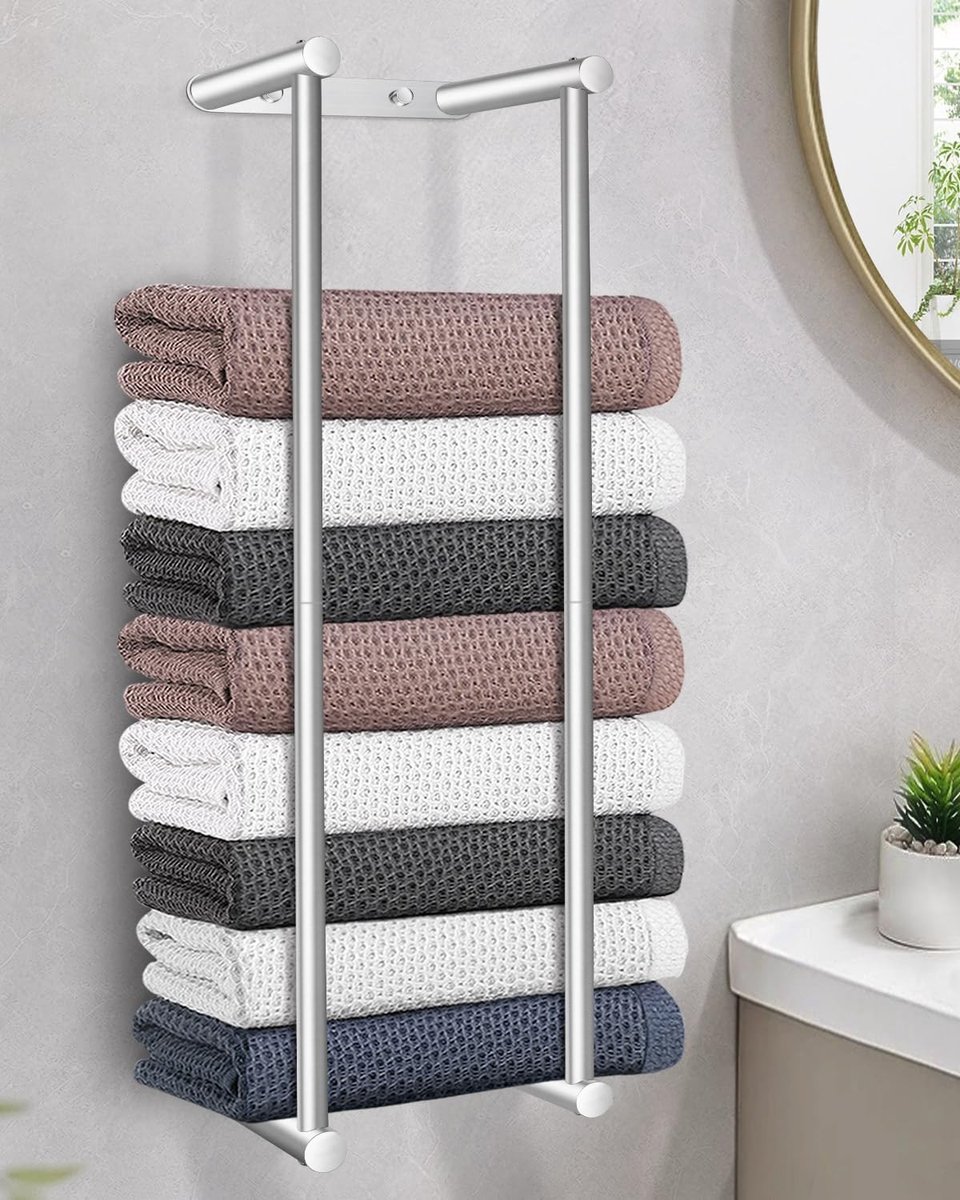 Handdoekenrek 75 cm van RVS met grote capaciteit voor op de badkamer, geschikt voor opgevouwen of gerolde handdoeken in zwart en zilver