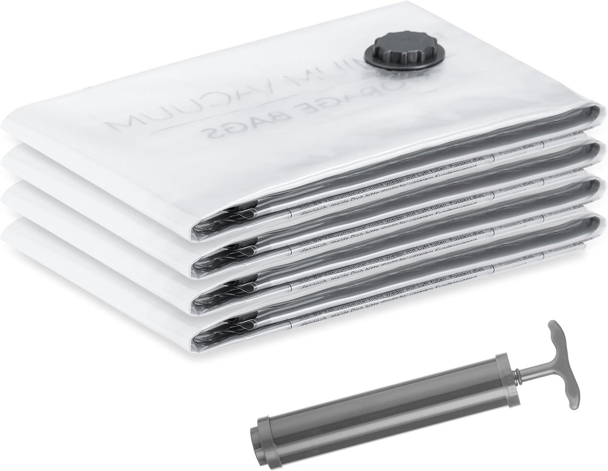 SnelShoppen - Jumbo XL Vacuümzakken voor Dekbedden 80x100 cm - 4 Stuks - Inclusief Handpomp en Etiketten - Ideaal voor Kledingopslag, Jassen, Reizen e