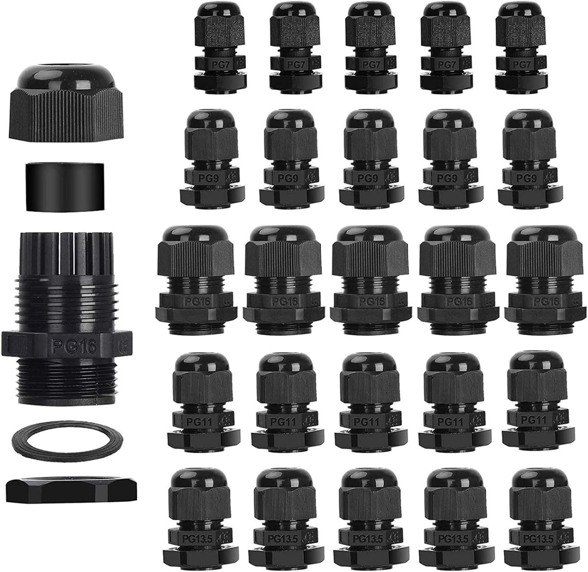 Set van 25 Waterdichte Kabeldoorvoeren IP68, Verstelbare Kabelconnectoren PG7 PG9 PG11 PG13.5 PG16, Inclusief Tegenmoetmoer en Plastic Behuizing