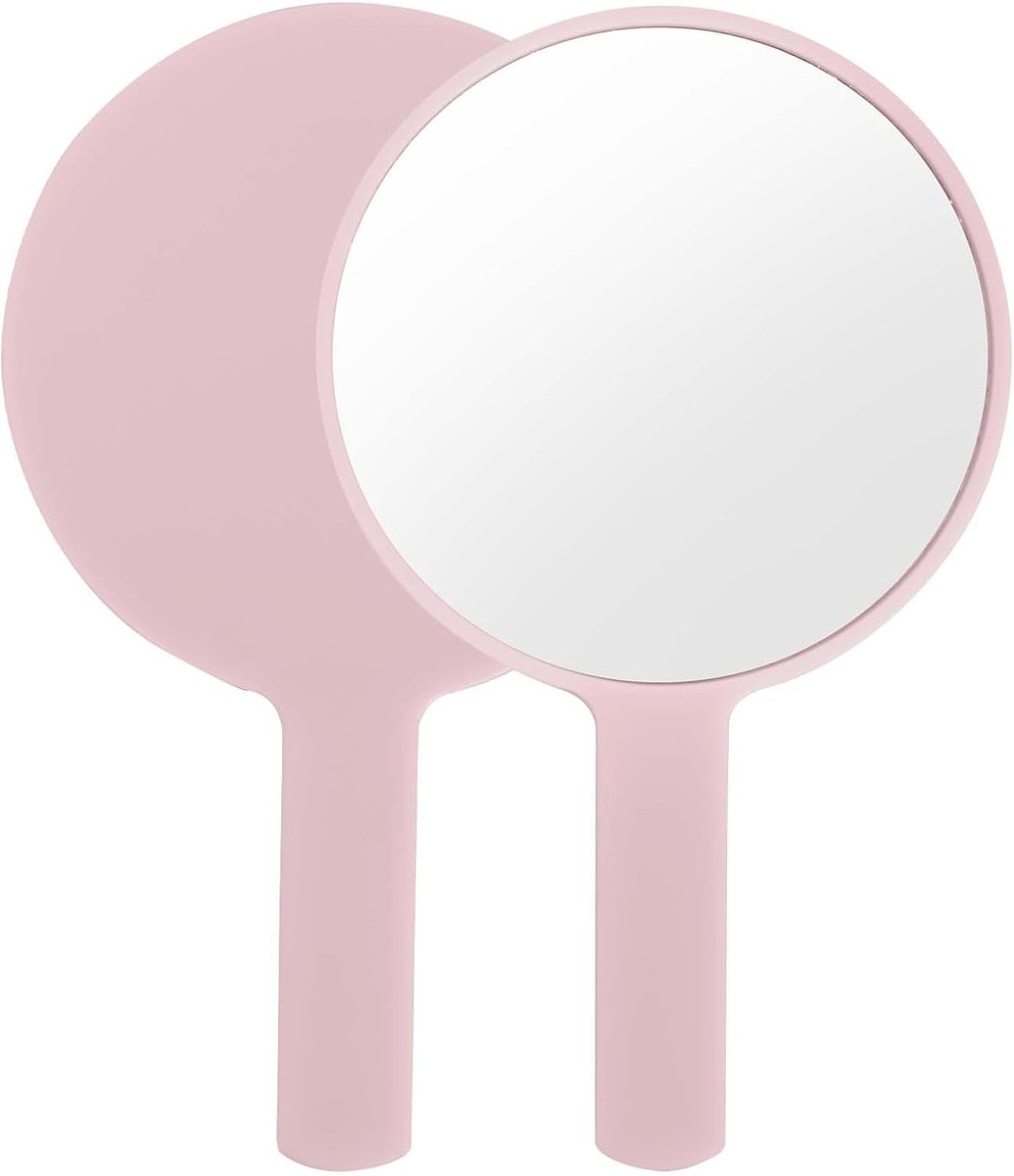 Thijox - Professionele Handspiegel Ronde Zakspiegel met Ergonomisch Handvat, Roze Cosmetische Kappers Spiegel voor Thuis en Reizen, Lichtgewicht en Ha