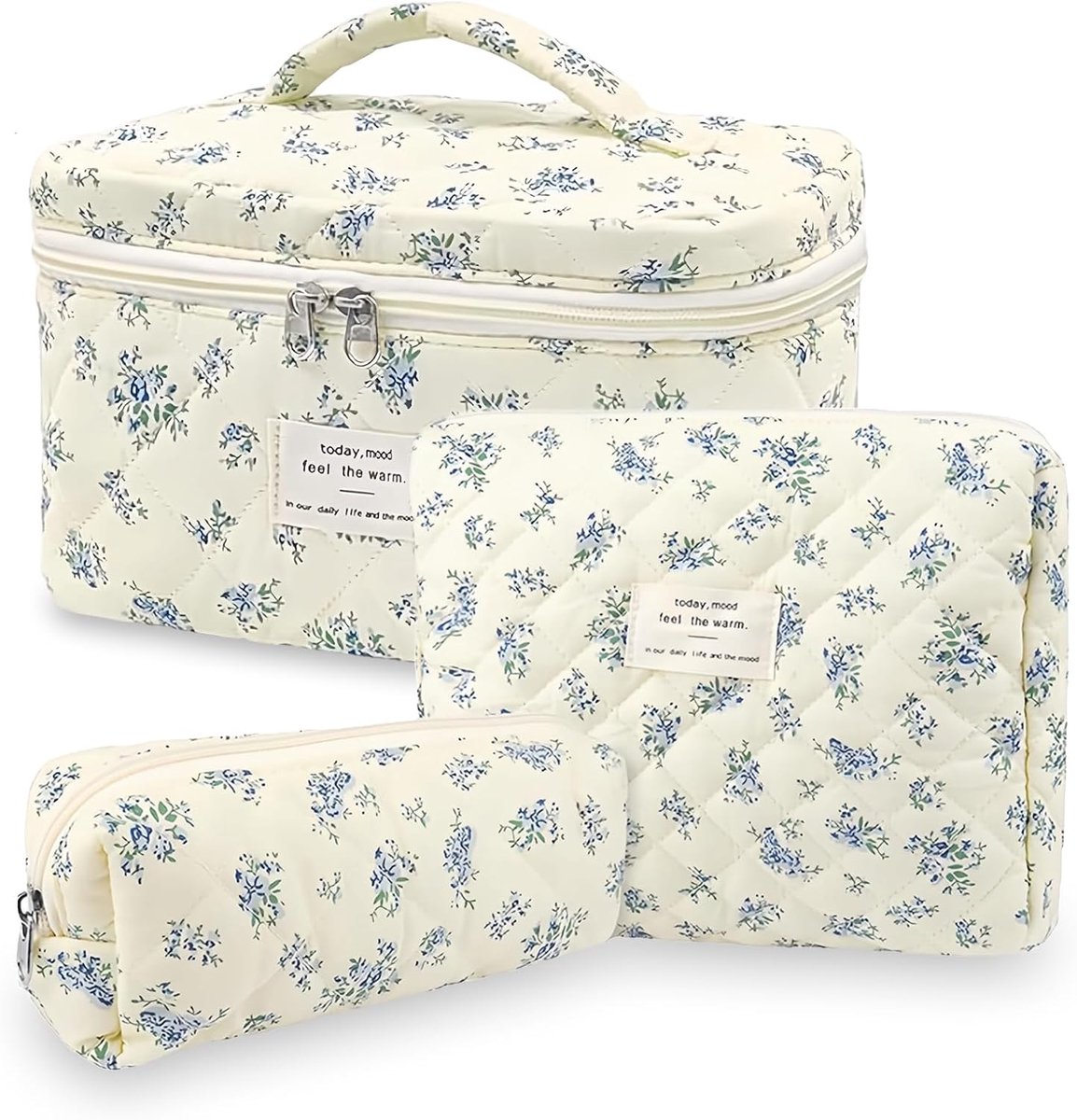 SnelShoppen - Set van 3 Cosmetica Tassen Reistassen voor Vrouwen Bloemenpatroon Gevoerde Toilettas Make-up Tas Draagbare Make-up Tas voor Meisjes en V