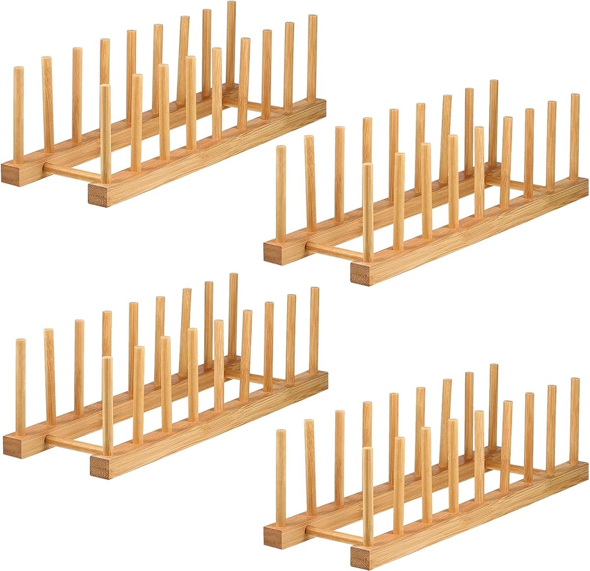 Thijox - 4 Stuks Bamboe Kasten Afdruiprek - Bordenrek Standaard Pot Dekselhouder voor Keukenkast Organizer - 33 x 12 x 10,5 cm - Duurzaam en Makkelijk
