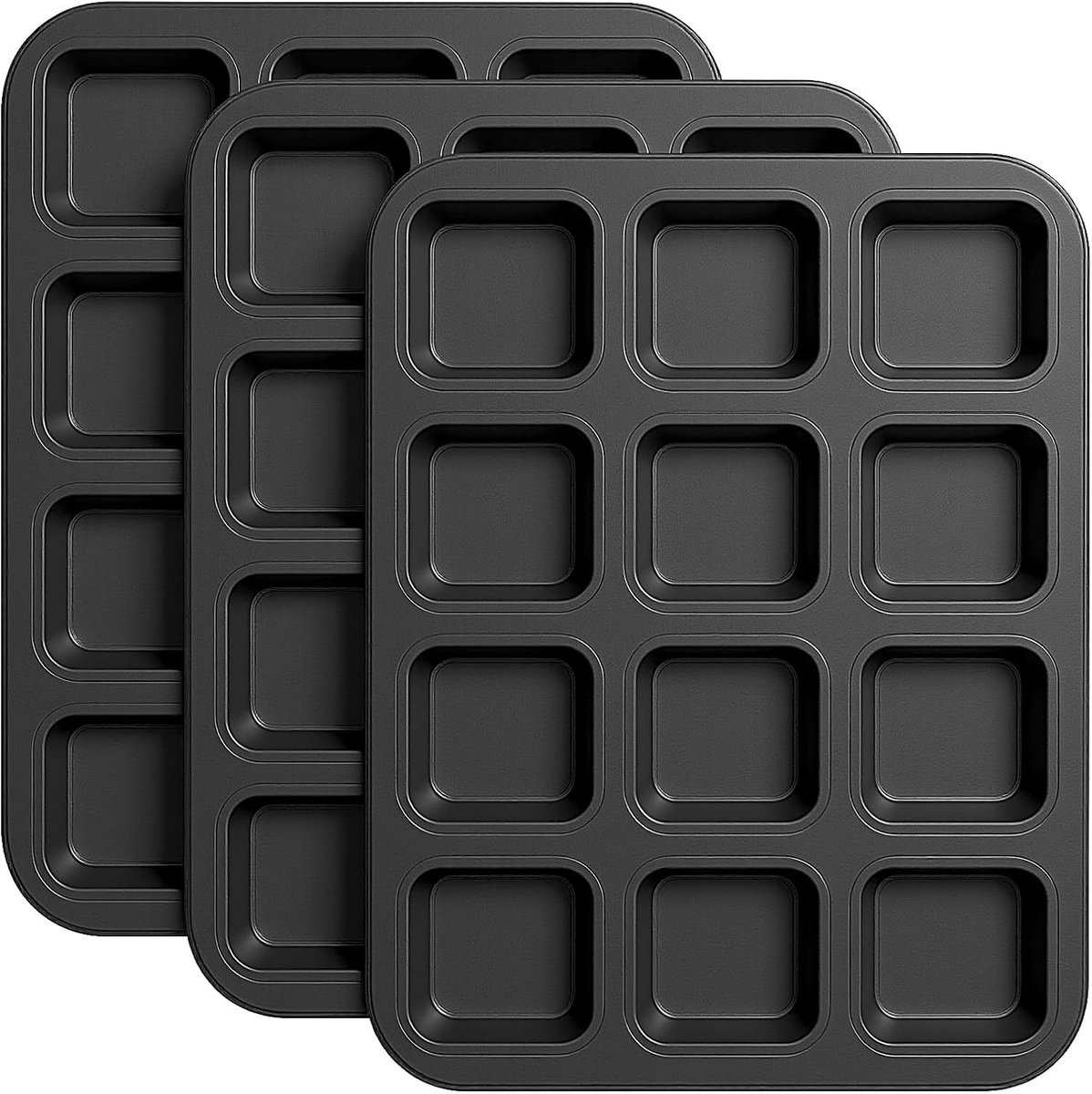 3-delige 12-caviteit anti-aanbak brownie pan, vierkante bakvorm voor mini taarten en muffins, professionele bakaccessoires voor thuisbakkers