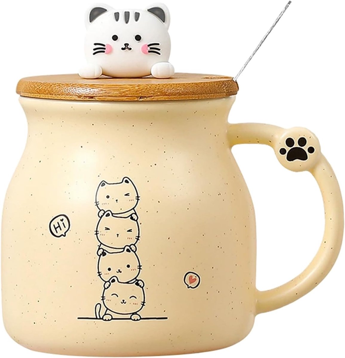 Leuke kattenmok voor kinderen - Keramische mok met deksel en roestvrijstalen lepel, grappige koffiemok en theekop voor vrouwen en vrienden