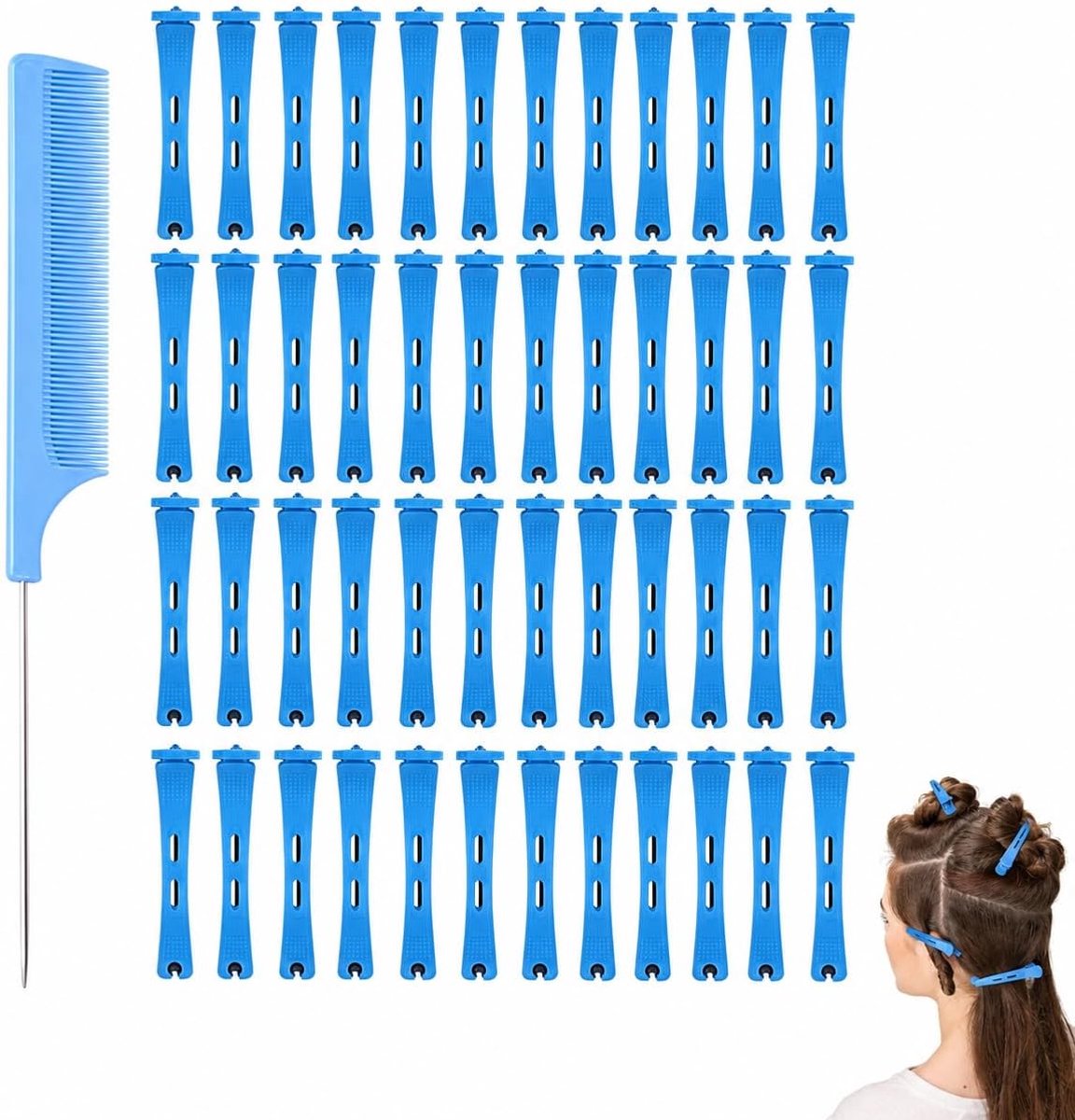 Thijox - 50 Stuks Haarrollen voor Permanent Haar, Krulspelden, Plastic Perming Staven Haar Krullen Rollers Set met 2 Kammen, Blauw, 0.35" voor Kappers