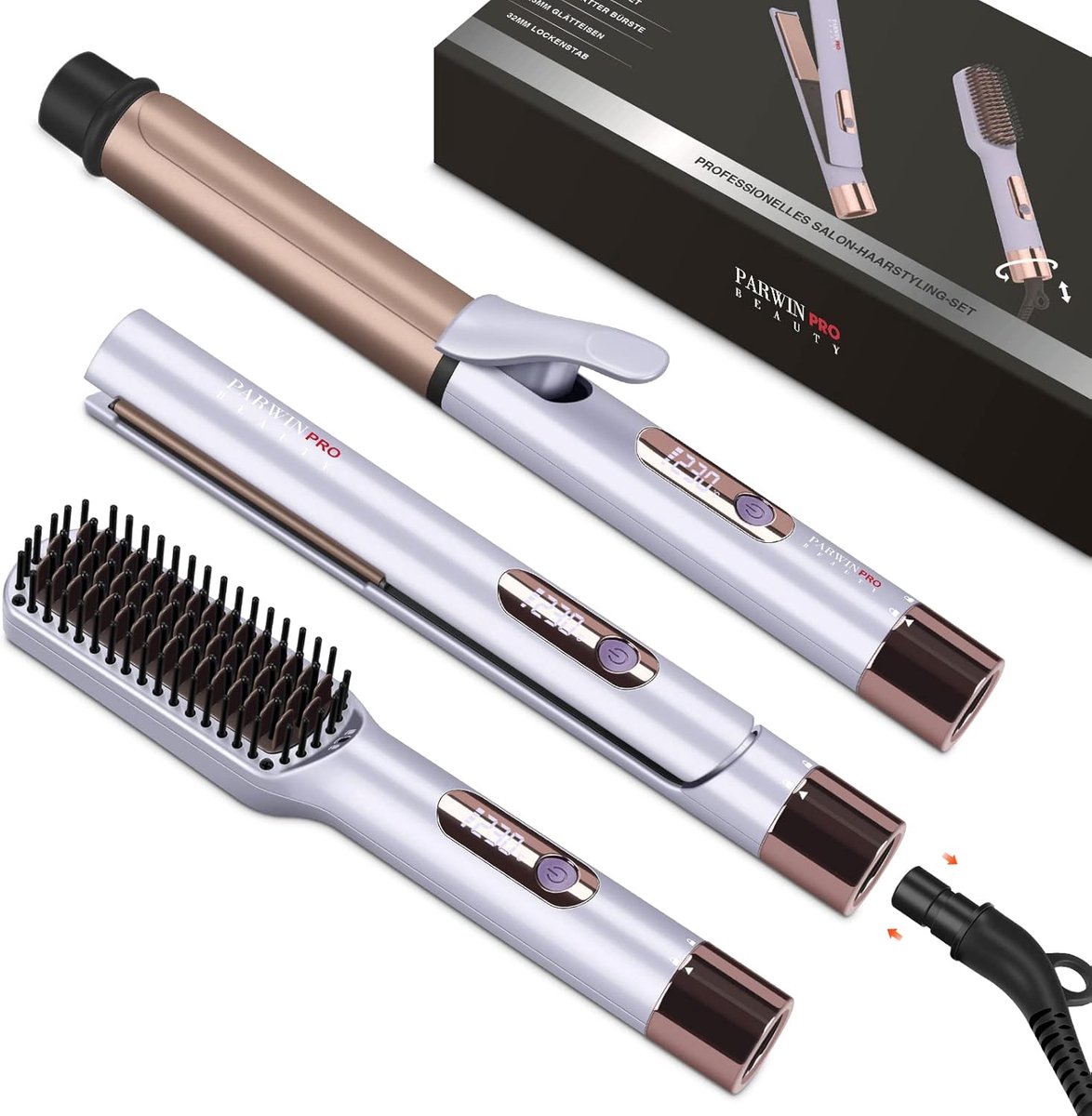 SnelShoppen - 3-in-1 Stylingset met Stijltang, Krultang en Stijlborstel - Professionele Haarstyling Gereedschappen - LED Temperatuurregeling - Afneemb