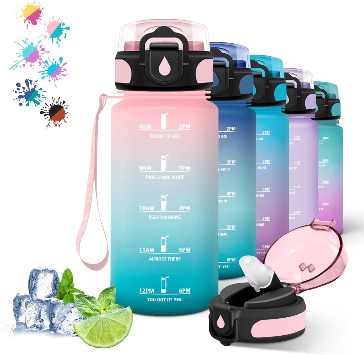 Thijox - Drinkfles 500 ml voor Kinderen met Rietje, Lekvrij en Tijdschema's, Roze-Groen, Ideaal voor School, Camping en Reizen, Gemakkelijk mee te nem