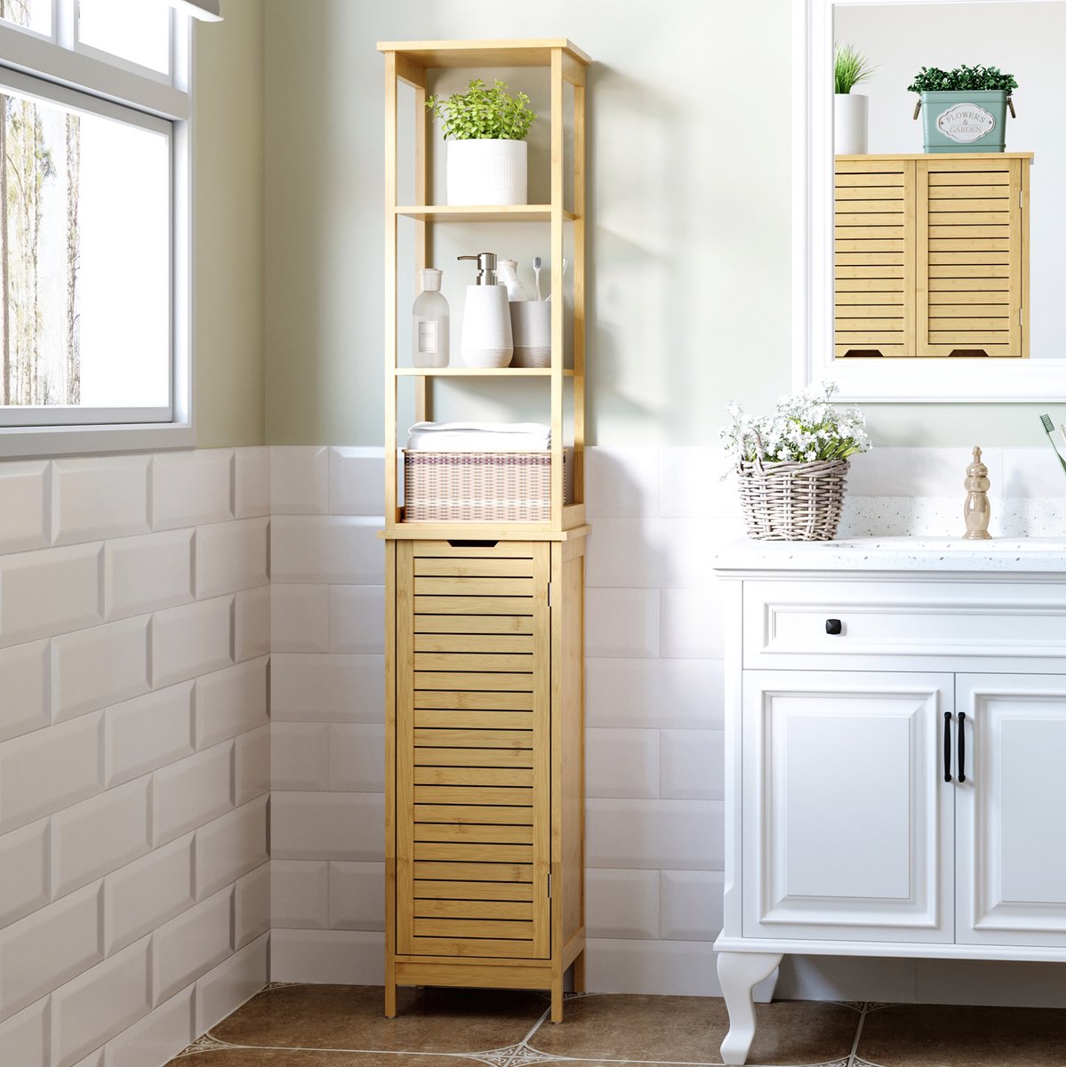 MEUNIQ Badkamerkast van bamboe 34 x 30 x 173 cm met 3 open vakken, 1 gesloten vak, kantelb