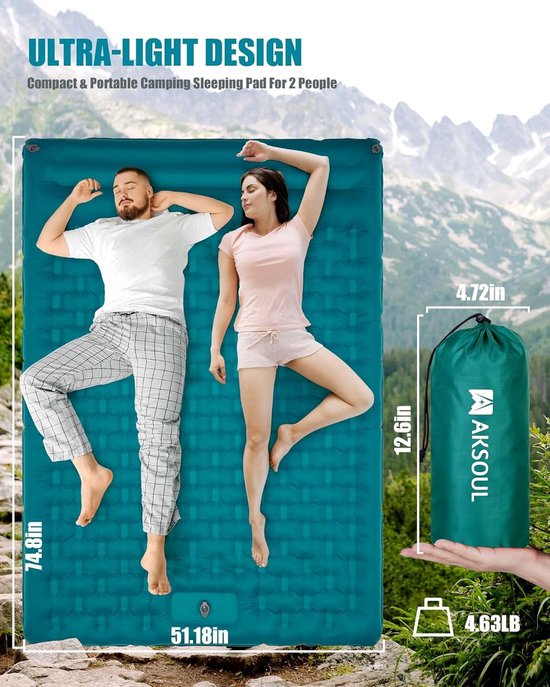 Thijox - Opblaasbare Slaapmat Camping - Extra Dikke Zelfopblazende Mat voor Twee Personen met Voetpomp - Ultrabreed Luchtbed met Kussen - Nylon, Pauwe van Thijox — afbeelding 5