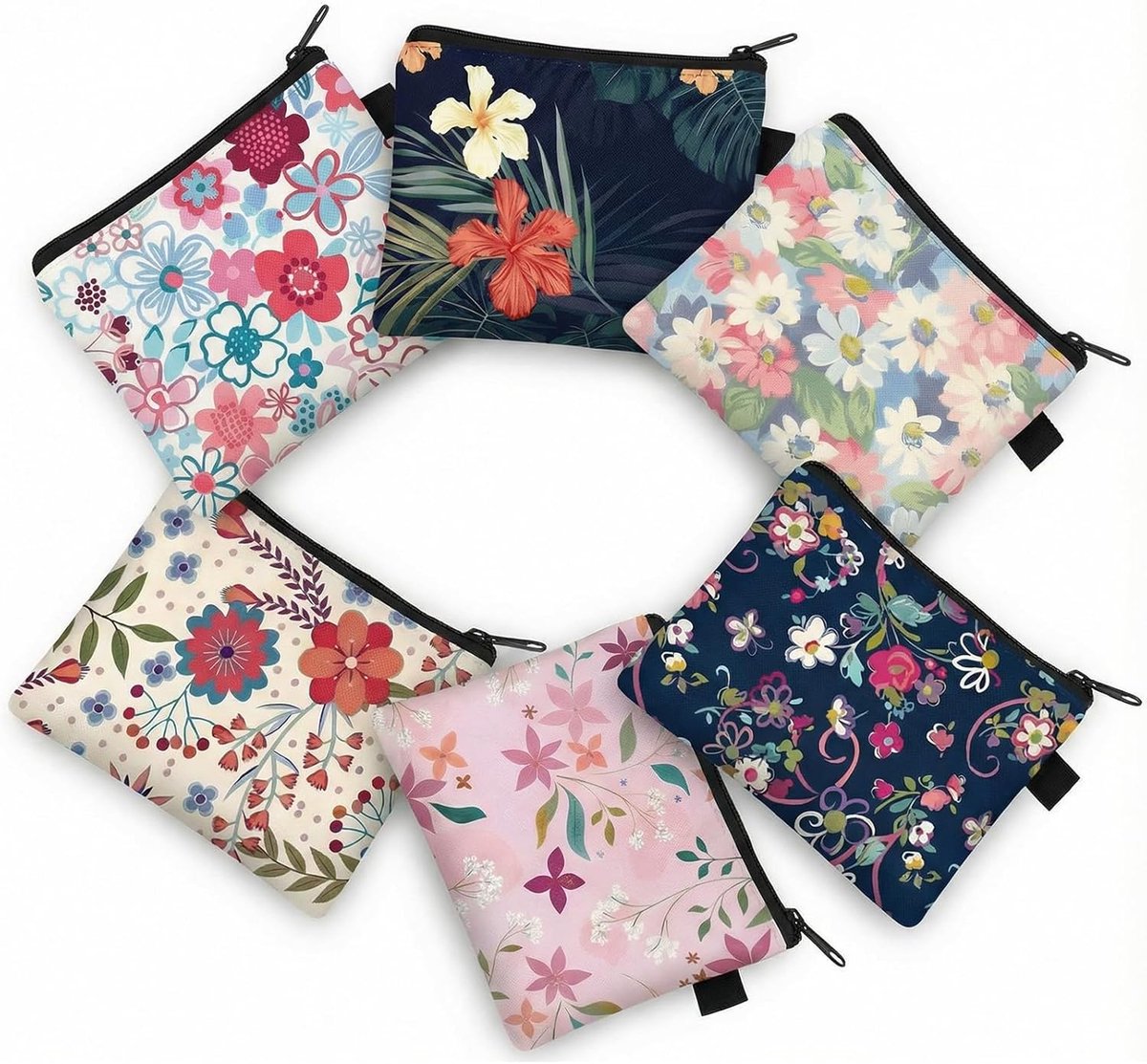 Thijox - 6 Stuks Bloemenpatroon Mini-Kleingelportemonnee van Robuust Polyester - Schattige Dames Portemonnee voor Kaarten, Sleutels en Kleine Spullen